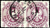 Preußen 3 Pfg red lilac, horizontal pair, sound rouletted and having bright colours extremely fine copy, clear cancelled WEIMAR 16 / 7 -