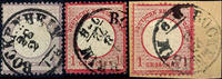 Thurn & Taxis Nachverwendungen BOCKENHEIM - single circle cancel, on three different stamps, the 1/4 Gr. In right upper corner a small repaired place, the 1 -