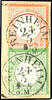 Deutsches Reich 1 Kreuzer yellowish green, small breast shield and 2 kreuzer reddish orange, small breast shield, mixed franking on piece with cancellati -