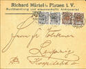 Deutsches Reich 2 Pfennig crown / eagle with plate flaw C with coating, on form letter with 2 Pfg (crease) and twice 3 Pfg crown / eagle from PLAUEN 11 -