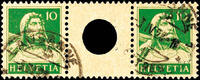 Schweiz Zusammendrucke 10 plus Z plus 10 Rp, Tell breast picture 1921, gutter pair with large punching of the gutter, used LAUSANNE 3. IV. 25, photo ex -