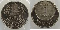 French colonial coinage 5 Francs Tunisia Mohamed Lamine, Bey, AH 1362-1376 Lec.314 5 Francs 1954 Essai PCGS-SP66 FDC -