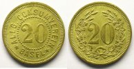 World coins Rappen Switzerland, emergency coins and tokens Bâle, Allg. Consumverein 20 (Rappen) Lt, R, 21 mm TTB -