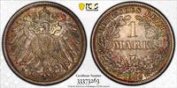 Deutsches Kaiserreich 1 Mark J-17 PCGS zertifiziert - Prachtexemplar, stempelglanz, attraktive Patina -