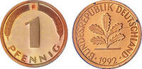 Deutschland 1 Pfennig 1992 Deutschland circuliert 0,30 EUR incl. BTW., plus 9,90 EUR verzending