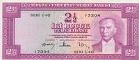Türkei Türkiye Cumhuriyeti 2 1/2 Lira Geldschein Banknote Serie Ü40, iki bucuk Türk lirasi -