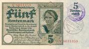 Deutschland Weimarer Republik Luxemburg 5 Rentenmark , Deutsche Rentenmark mit luxemburgischem Gemeinde-, Post-, Sparkassenstempel, KN 8Stellig Serie V -