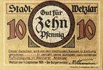 Deutschland, Deutsches Reich 10 Pfennig 1 x Notgeldschein, Stadt Wetzlar, Hessen -