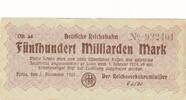 Deutsches Reich Deutschland Deutsche Reichsbahn 500 Milliarden Mark Notgeldschein Berlin Reichsverkehrsminister -