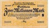 Deutsches Reich Deutschland Deutsche Reichsbahn 2 Millionen Mark Notgeldschein Reichsbahndirektion Karlsruhe -