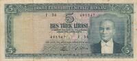 Türkiye Türkei 5 Lira Banknote, 5.Emisyon 4.Tertip Serie: I 36 495547 -