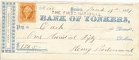 USA The First Bank of Yonkers Scheck 150 Dollar, Mittig entwertet, 2 Cent Briefmarke -