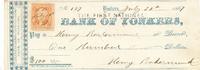 USA The First Bank of Yonkers Scheck 100 Dollar, Mittig entwertet, 2 Cent Briefmarke -