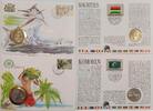 Mauritius, Komoren 1 Rupee, 5 Francs Münze und Briefmarke Numisbrief, 2 Stück lot -