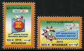 Briefmarken Myanmar Burma 2016 Postkonferenz der ASEAN-Staaten Flagge Post 448-449 MNH -