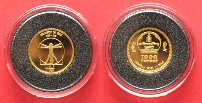 Mongolei 1/25 oz Gold MONGOLIA 1000 Tugrik 1999 LEONARDO DA VINCI