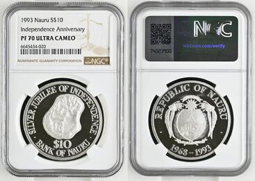 S$10 NAURU. 10 Dollars 1993 SILVER JUBILEE OF INDEPENDENCE silver VERY RARE! Top Pop! NGC PF 70 ULTR