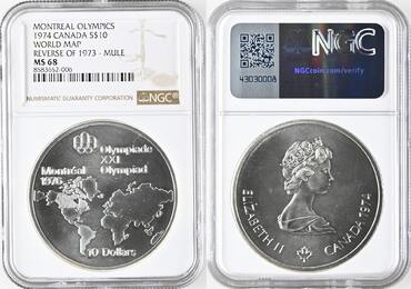 S$10 CANADA - MULE ERROR 10 $ 1974 World map OLYMPICS MONTREAL silver NGC MS 68