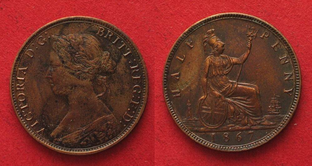 England GREAT BRITAIN Half Penny 1867 VICTORIA copper XF!!! # 91360 vz ...