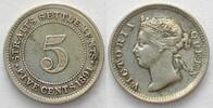 Straits Settlements STRAITS SETTLEMENTS 5 Cents 1891 VICTORIA silver XF! -