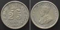 Ceylon CEYLON 25 Cents 1917 GEORGE V silver XF KEY DATE! -