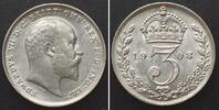 England GREAT BRITAIN Threepence 1908 EDWARD VII silver BU!!! -