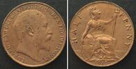 England GREAT BRITAIN Half Penny 1910 EDWARD VII bronze AU! -