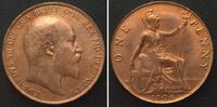 England GREAT BRITAIN Penny 1906 EDWARD VII bronze AU! -