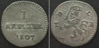 Hessen-Darmstadt German States HESSE-DARMSTADT. 1 Kreuzer 1807, LUDWIG X billon RARE! VF -