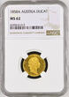 AUSTRIA 1858 A Francis Joseph I. Gold Ducat Coin. NGC MS 62
