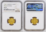 GERMANY 1/4 Carolin 1736/1 Pfalz (Electoral), Charles III Philipp. Gold 1/4 Karolin Coin. Scarce Overdate! NGC AU 55