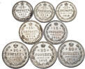 RUSSIA 10, 15 & 20 Kopeks (8pcs) Emperor Nicholas II. -