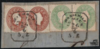 Österreich 1860 o, Brfstk. - Freimarken Kaiserkopf im Oval nach rechts - 2x 3 Kreuzer gelblichgrün + 2x 10 Kreuzer dunkelbraun, -