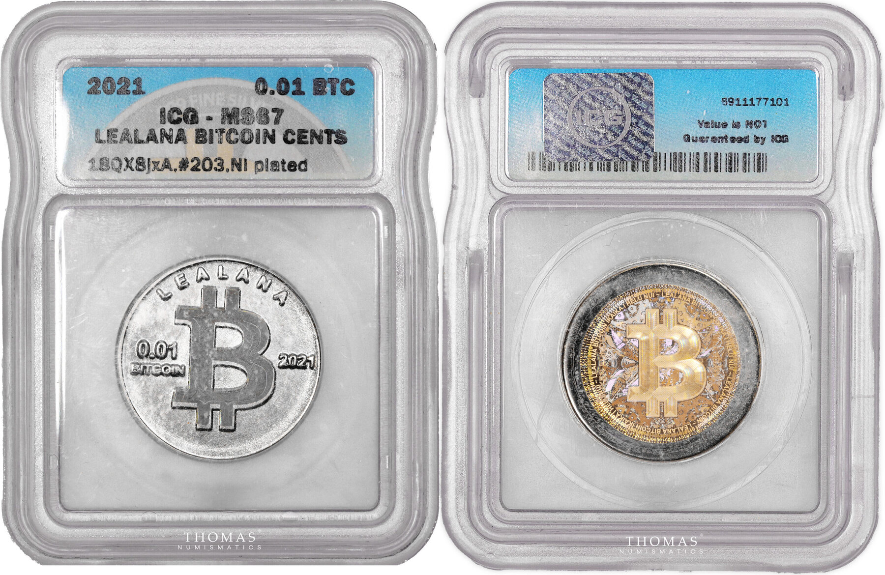 Cryptomonnaie Bitcoin CRYPTOCURRENCY COIN – 2021 LEALANA 0.01 BTC –  UNFUNDED – Nickel Plated – ICG MS 67 BU | MA-Shops