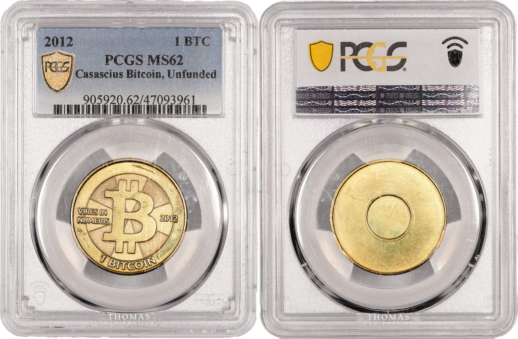 Etats-unis Cryptomonnaie Coin cryptocurrency – Bitcoin – 2012 Casascius 1  BTC – PCGS MS 62 – Laiton SUP+ / PCGS MS 62 | MA-Shops