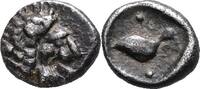 GREEK Mylasa (Caria) Tetartemorion Head of lion right / Bird right, pellets in field above left and below right -
