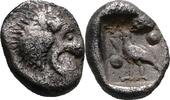 GREEK Mylasa (Caria) Tetartemorion Head of lion right / Bird left, pellets in field above left and below right -
