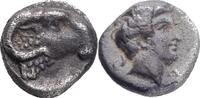 GREEK Kasolaba (Caria) Hemiobol ND 410-390 BC Head of ram right / Youthful male head right circular incuse, "C A" VF