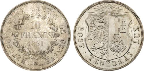 Switzerland 10 Francs 1851 Geneva. Canton UNC