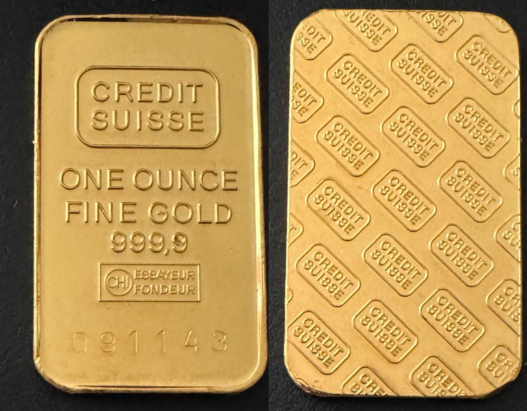 Credit Suisse fine gold bar, one ounce, 999.9 fine gold, Switzerland