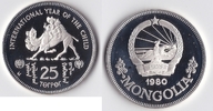 Mongolei 25 Tugrik Silberbergedenkmünze "Internationales Jahr des Kindes" -