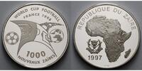 Kongo(Kinshasa) 1000 Nouveaux Zaires Zaire FIFA Fußball WM Frankreich 1998 Eiffelturm und Weltkugel,m. kl. MDM Zerti. -