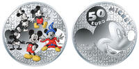 Frankreich 50 Euro<br> 155,61g<br> fein<br> 50 mm Ø Mickey Mouse i.Wandel d. Zeit, inkl. Kapsel&Zertifikat&Etui, <b>sofort lieferbar -