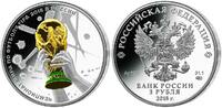 Russland 3 Rubel <br> <b>ohne Etui/Box,</b> Fußball Weltmeisterschaft 2018 in Russland, -Triumph/Trophäe- <b>koloriert</b> -