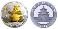 China 10 Yuan China Panda, <b>teilvergoldet</b> -