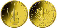 Deutschland 50 Euro<br> 7,78g<br> fein<br> 22,00 mm Ø Musikinstrumente "Kontrabass" <br> <b> Prägestätte D</b> / <b> Ausgabe 1/5 </b> -