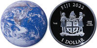 Fiji / Fidschi 1 Dollar <br>Earth <br>farbig/blau <br>40 mm Ø Blue Marble (Dome shaped) - Spherical Coin, inkl. Zertifikat und Etui RAR! -