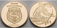 Frankreich 50 Euro<br> 7,78g<br> fein<br> 22 mm Ø Rugby Stade Toulousain mit farbiger Applikation inkl. Etui & Zertifikat &Schuber -
